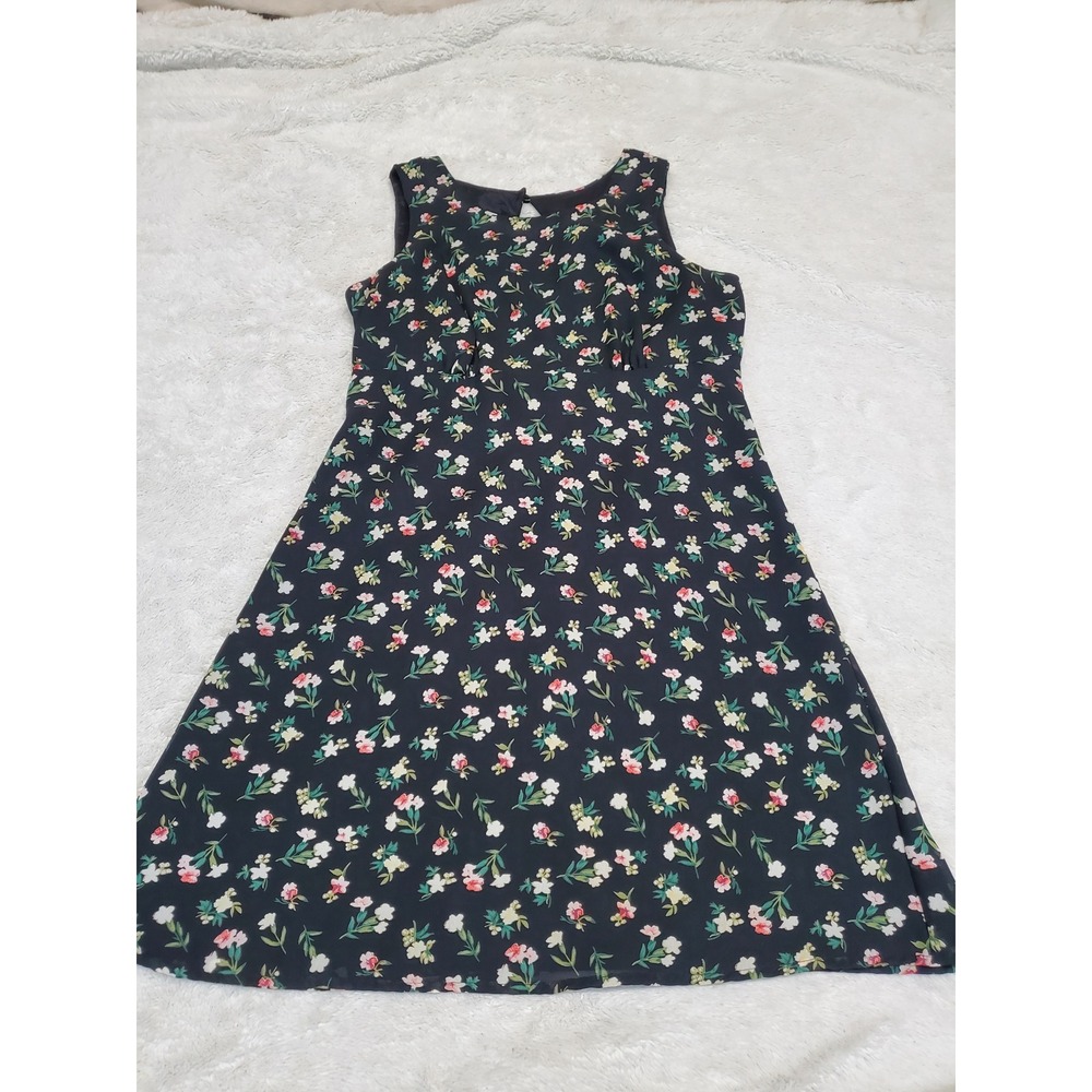 Vintage Black‎ Floral Sleeveless Midi Dress 9 XS Retro 90s Summer Dainty Simple